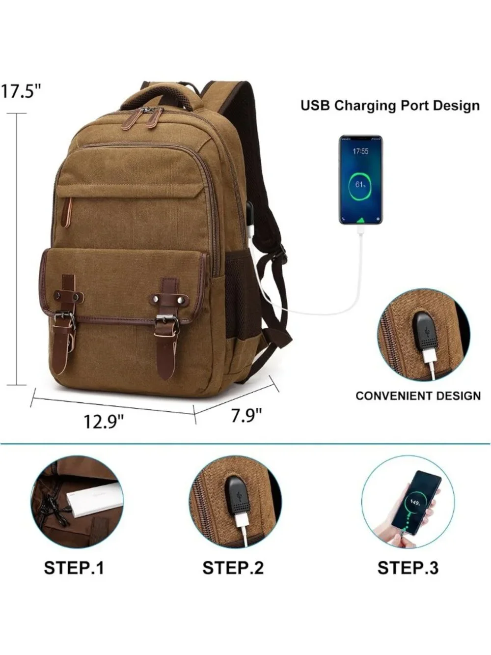 Vintage Canvas Laptop Backpack with USB Charging Port, Brown Travel Rucksack for